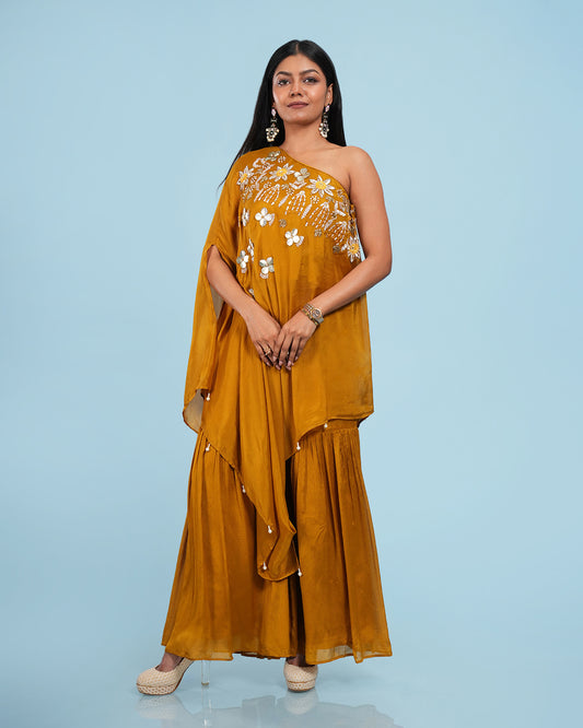 One-Shoulder Hand Embroidered 3D Draped Set With Sharara Pant