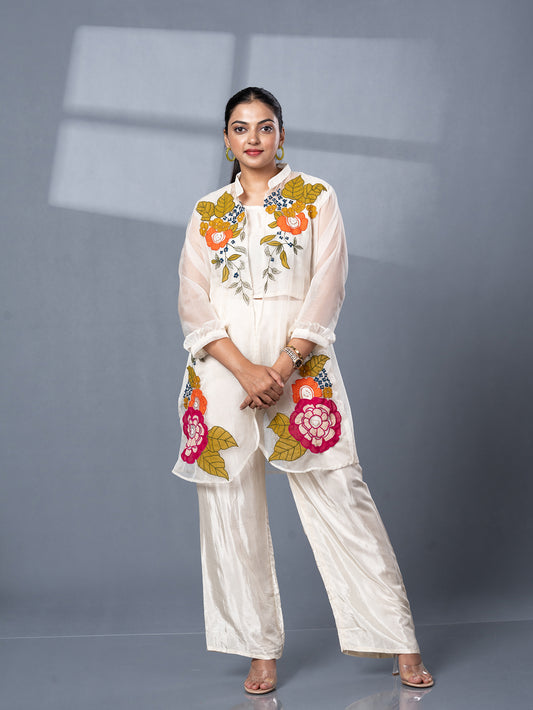 Colourful Floral Motifs Embroidered Organza 3 Piece Set