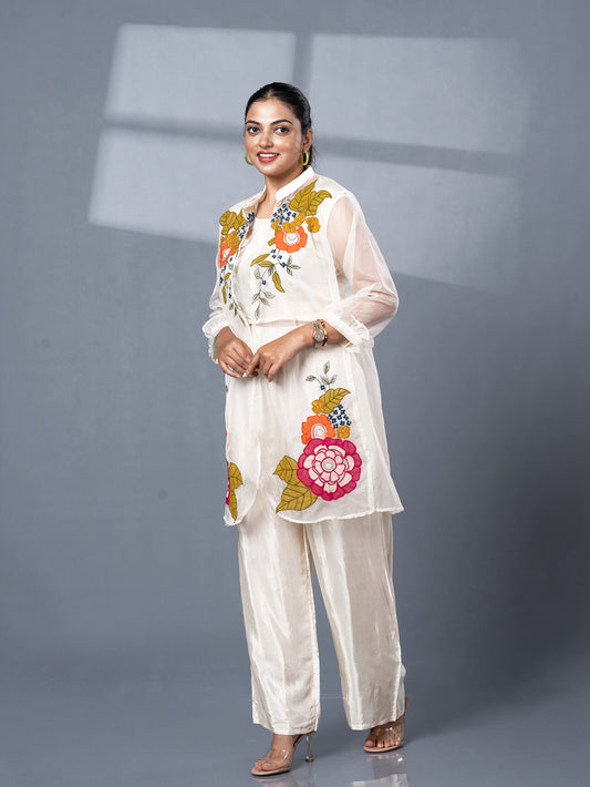 Colourful Floral Motifs Embroidered Organza 3 Piece Set