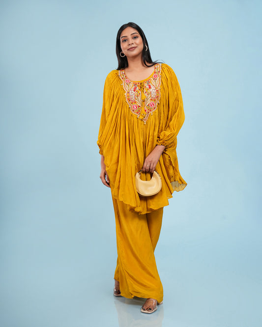 Mustard Hand Embroidered Pleated Co-Ord Set