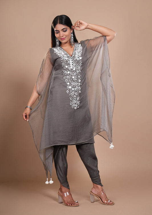 Pearl Embellished Organza Kaftan with Dhoti Pant