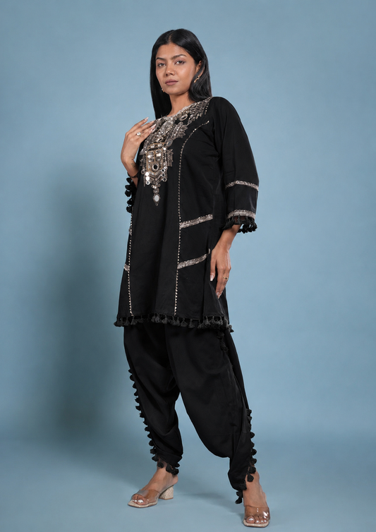Embellished Neckline Kurta Dhoti Cotton Set- Black
