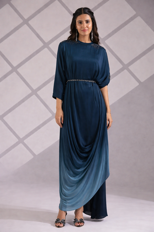 Flowy Kaftan Gown with a Belt - A Beautiful Ombre Effect Silhouette - Steal Blue