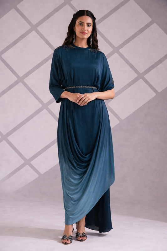 Flowy Kaftan Gown with a Belt - A Beautiful Ombre Effect Silhouette - Steal Blue