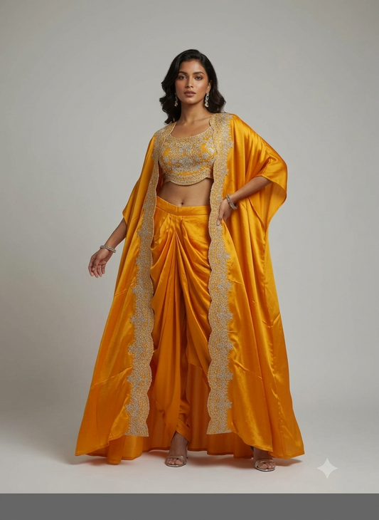 Amara Embellished Cape-Skirt Set- Mustard Yellow