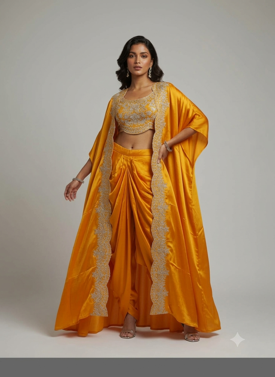 Amara Embellished Cape-Skirt Set- Mustard Yellow