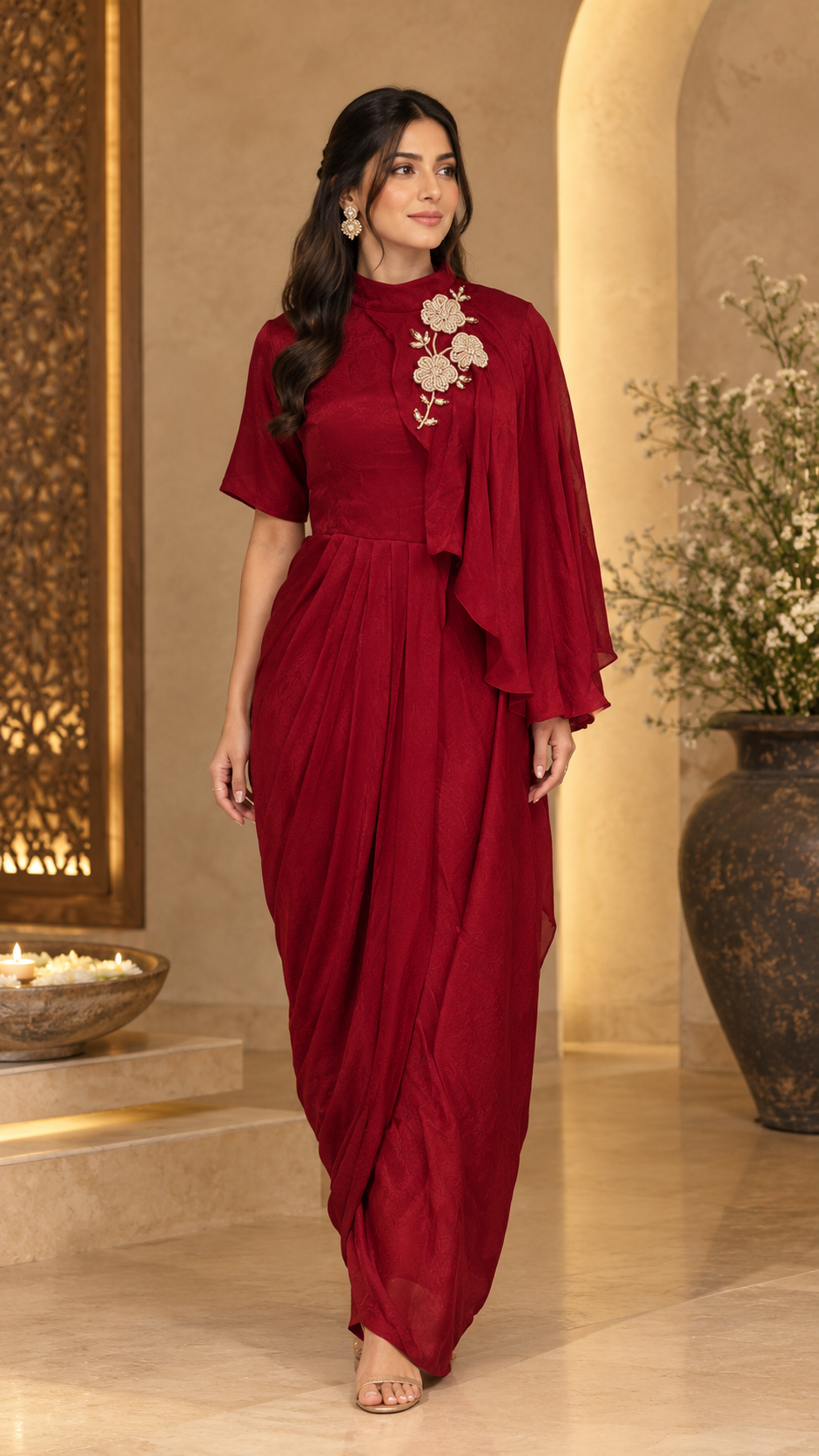 Rang Roop Drape Dress- Cranberry Red