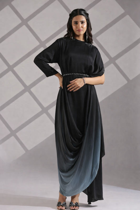Flowy Kaftan Gown with a Belt - A Beautiful Ombre Effect Silhouette - Black