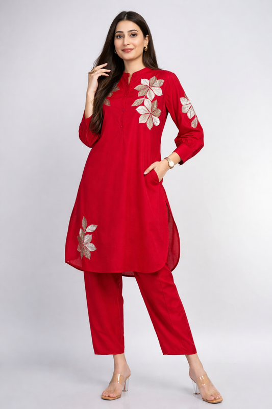 Red Co-Ord Set With Zari Detailing
