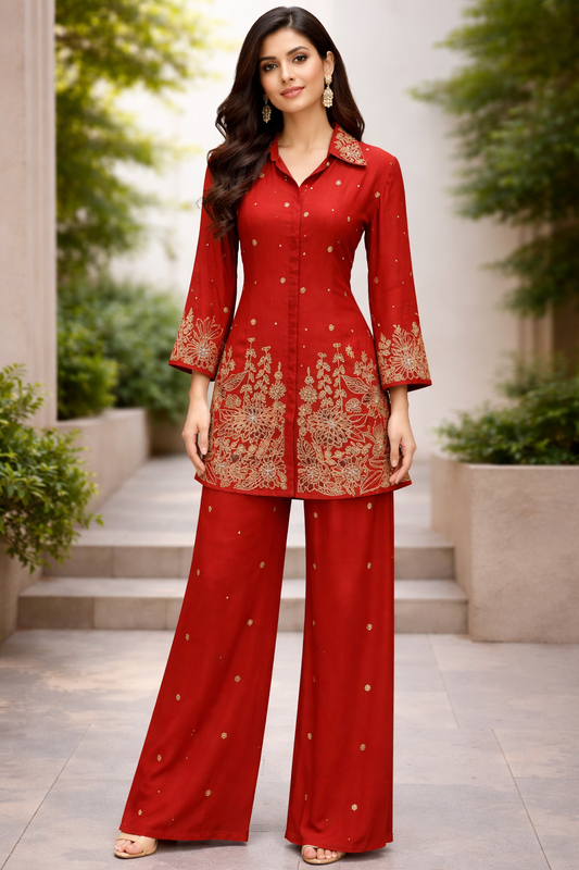 Rust Orange Pure Chinon Embroidered Co-ord Set