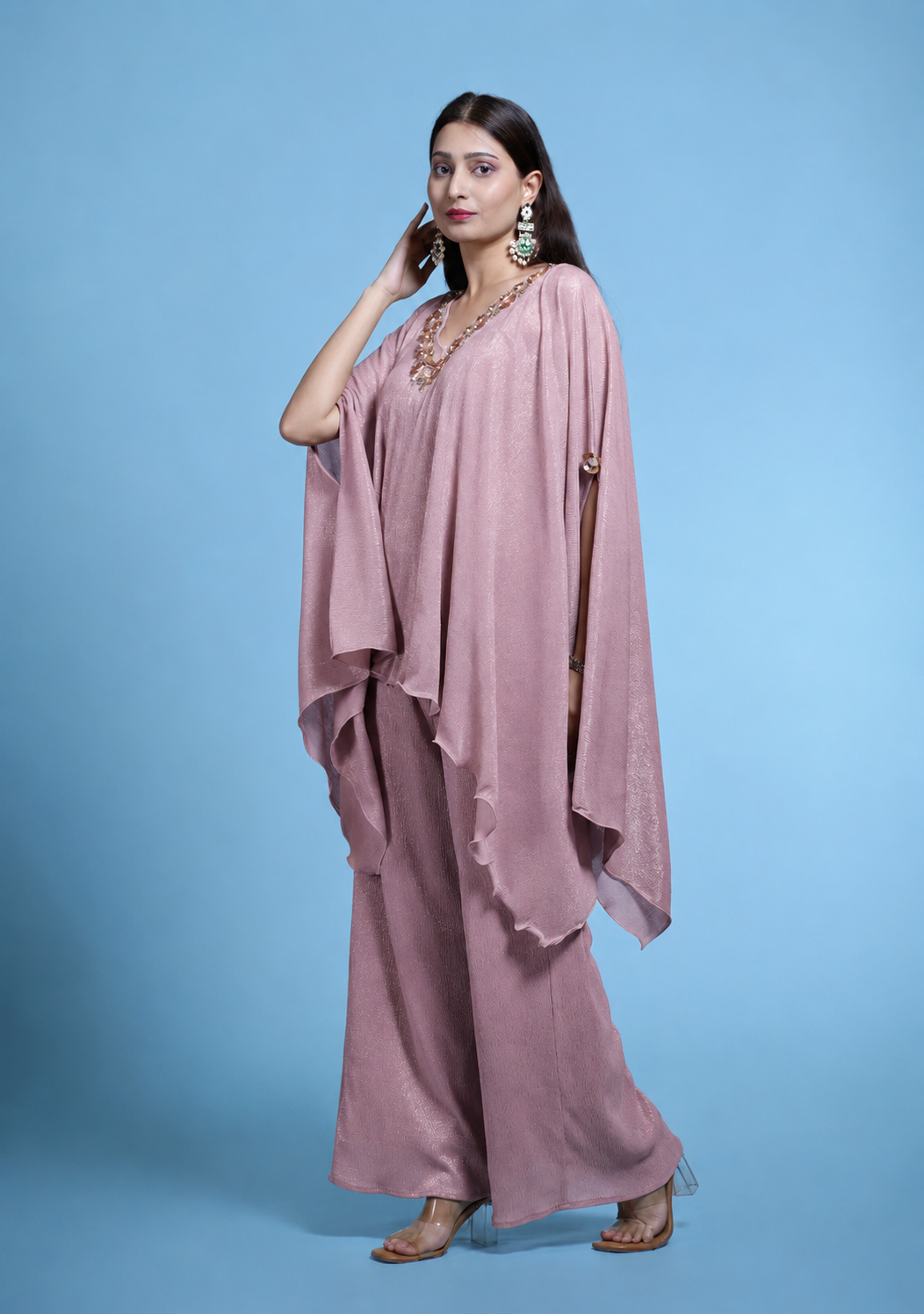 Shimmer Kaftan embellished Set-  Mauve Pink