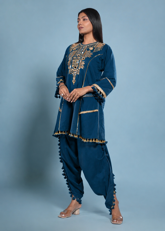 Embellished Neckline Kurta Dhoti Cotton Set- Midnight Blue
