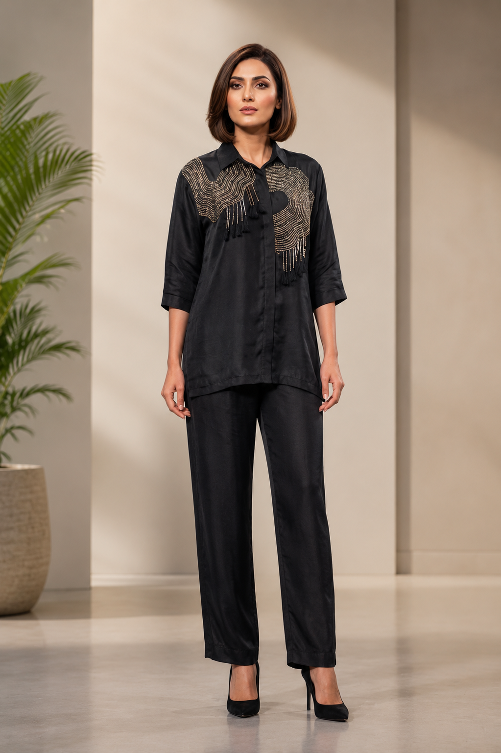 Embellished Organza Luxe Co-Ord- Black