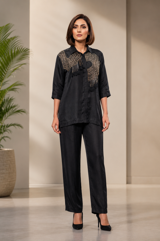 Embellished Organza Luxe Co-Ord- Black