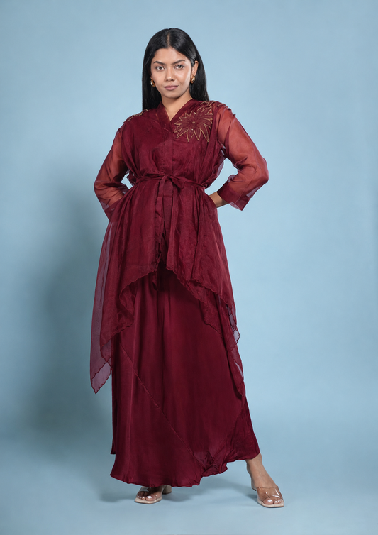 Maroon Organza Layered Shrug With Satin Dress