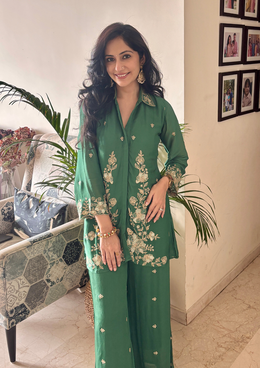 Bottle Green Pure Chinon Embroidered Co-ord Set