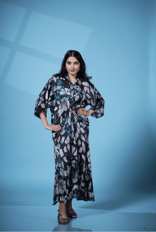 Printed Embellished Satin Drape Dress