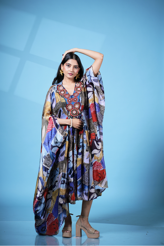 Printed Kaftan With Embellished Neckline