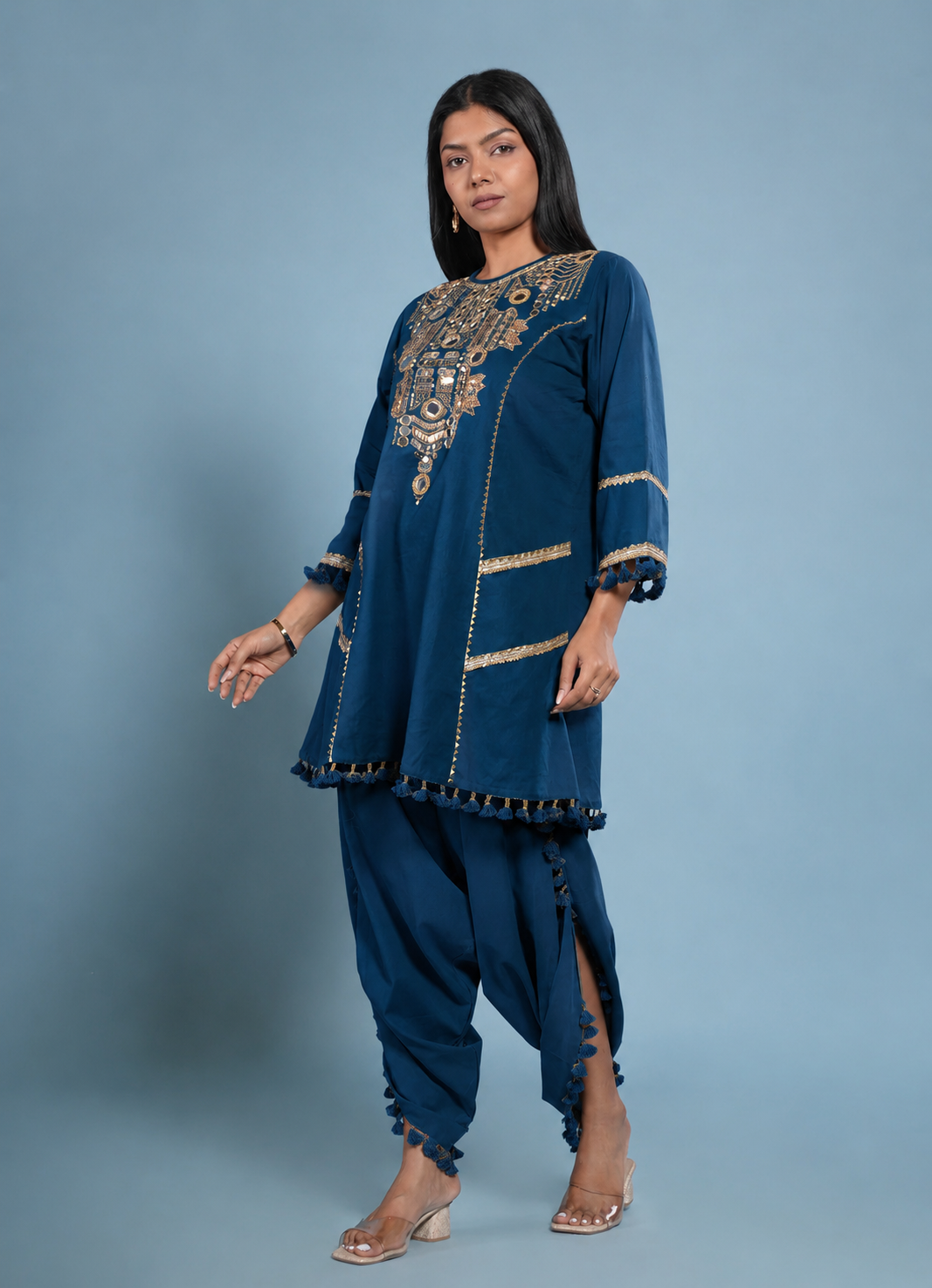 Embellished Neckline Kurta Dhoti Cotton Set- Midnight Blue